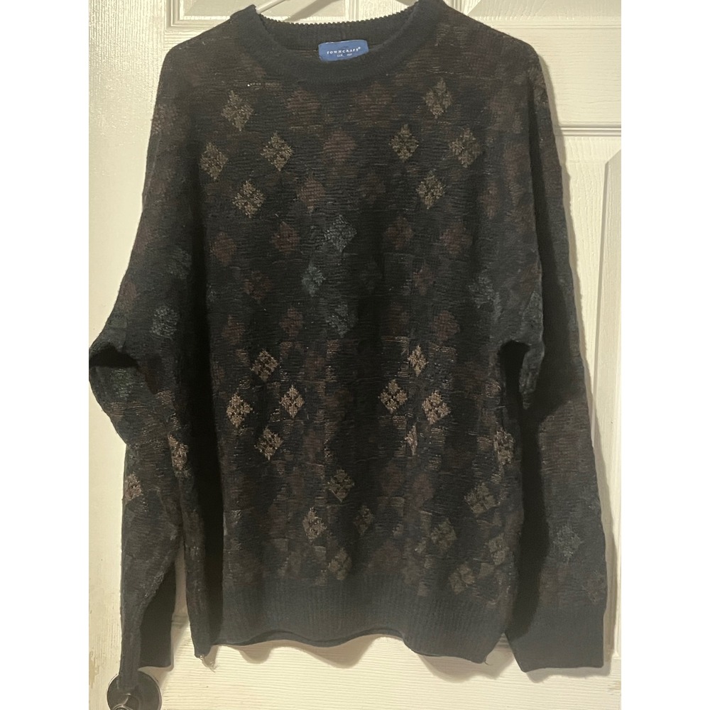 VNTG Towncraft Mens XL Argyle Fisherman Y2K Knit Crewneck Sweater Grandpa Cozy